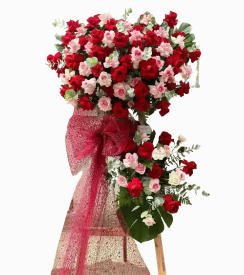Kệ hoa khai trương đỏ hồng trắng nơ lưới đỏ hoa văn