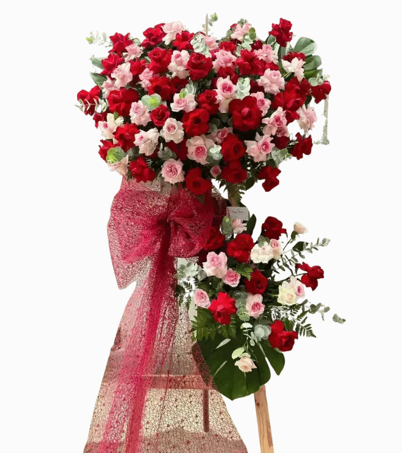 Kệ hoa khai trương đỏ hồng trắng nơ lưới đỏ hoa văn