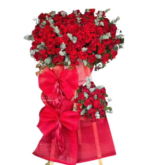 Kệ hoa khai trương hồng đỏ nơ lưới đỏ