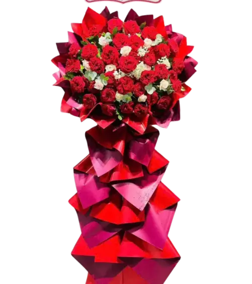 Kệ hoa khai trương hồng đỏ phối hồng trắng dáng trụ