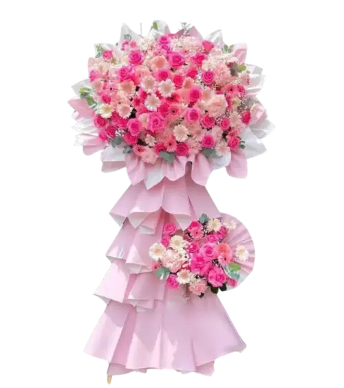 Kệ hoa khai trương hồng phấn phối cẩm chướng gói giấy hồng trắng