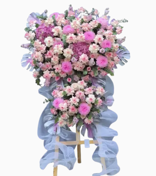 Kệ hoa khai trương hồng tím pastel phối cẩm tú cầu