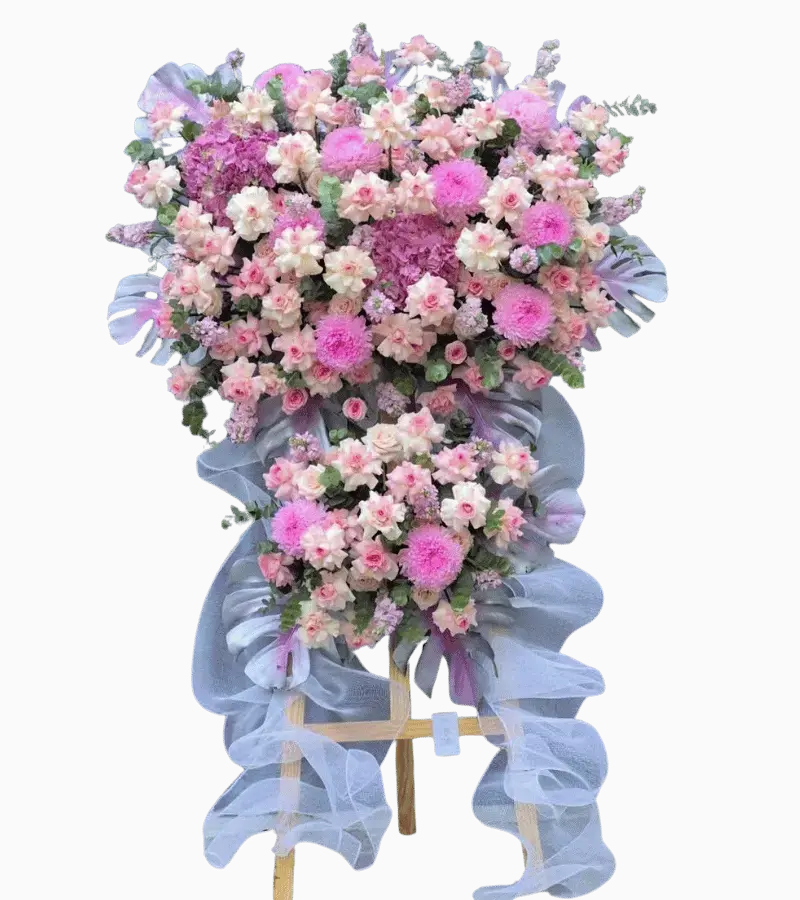 Kệ hoa khai trương hồng tím pastel phối cẩm tú cầu