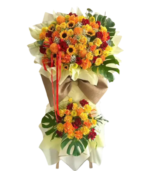 Kệ hoa khai trương hướng dương cam vàng gói giấy kem