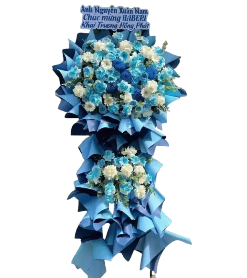 Kệ hoa khai trương xanh dương phối trắng kèm bảng chữ