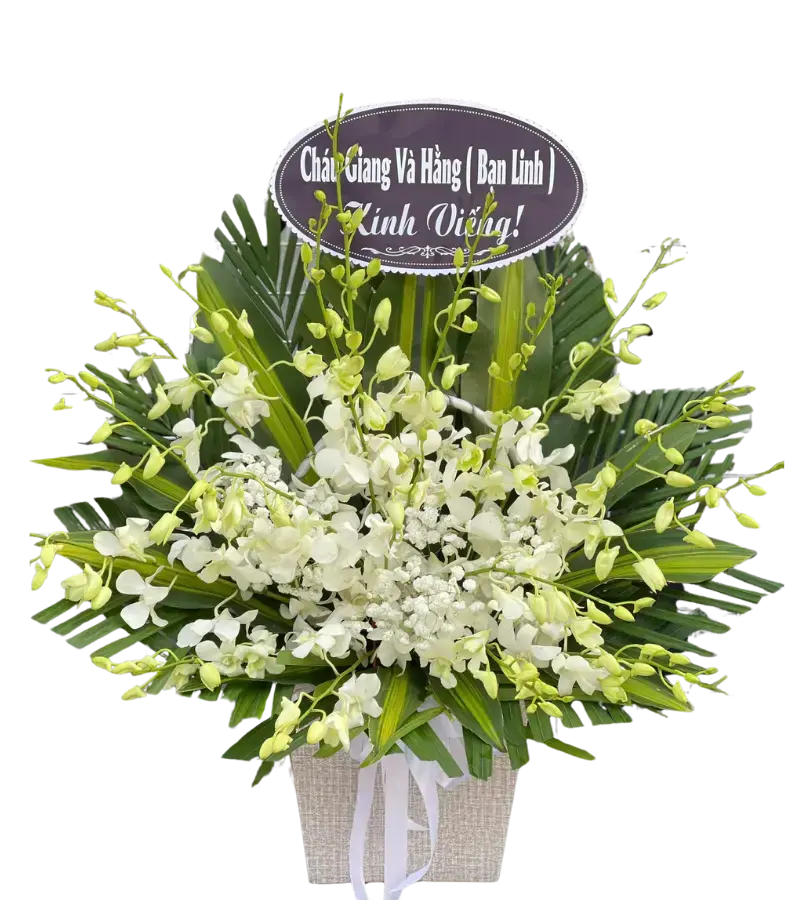 Kệ hoa lan trắng dạng giỏ kèm bảng viếng