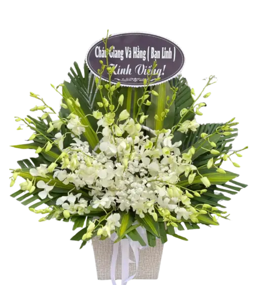 Kệ hoa lan trắng dạng giỏ kèm bảng viếng