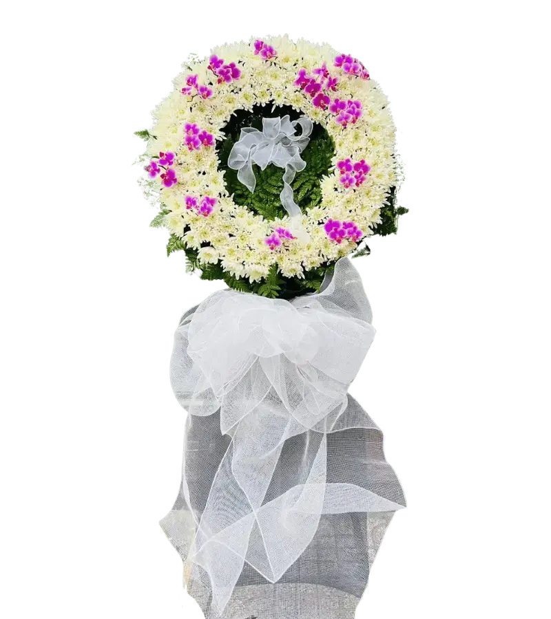 Vòng hoa chia buồn cúc trắng điểm lan tím