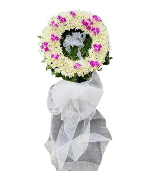 Vòng hoa chia buồn cúc trắng điểm lan tím