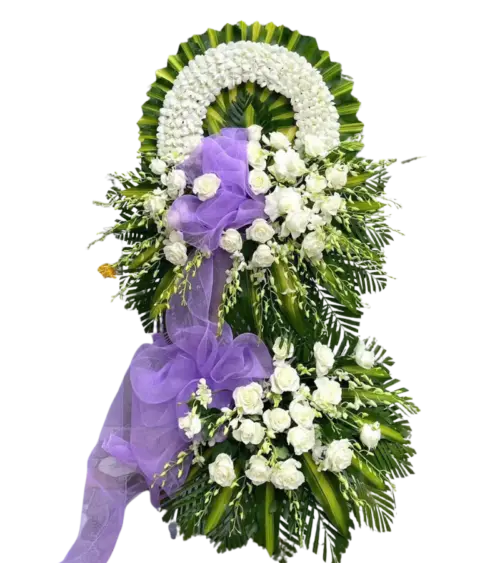 Vòng hoa chia buồn hồng trắng nơ tím