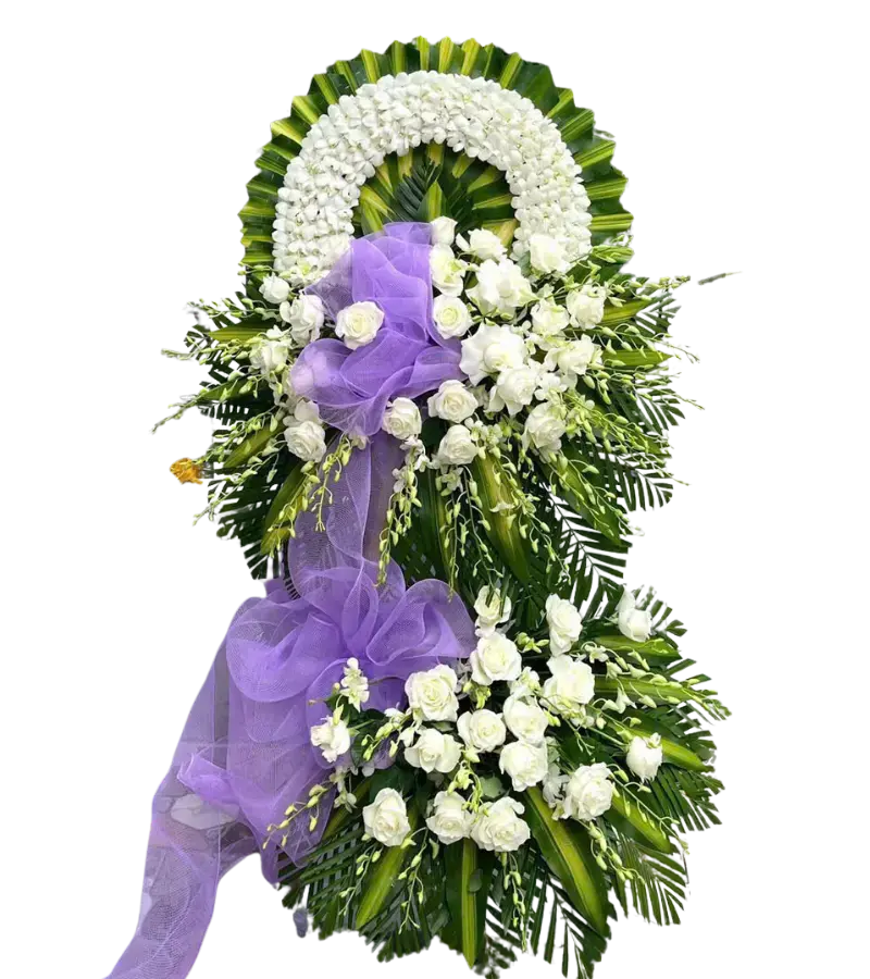 Vòng hoa chia buồn hồng trắng nơ tím