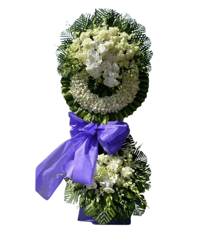 Vòng hoa chia buồn lan trắng nơ tím