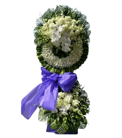 Vòng hoa chia buồn lan trắng nơ tím