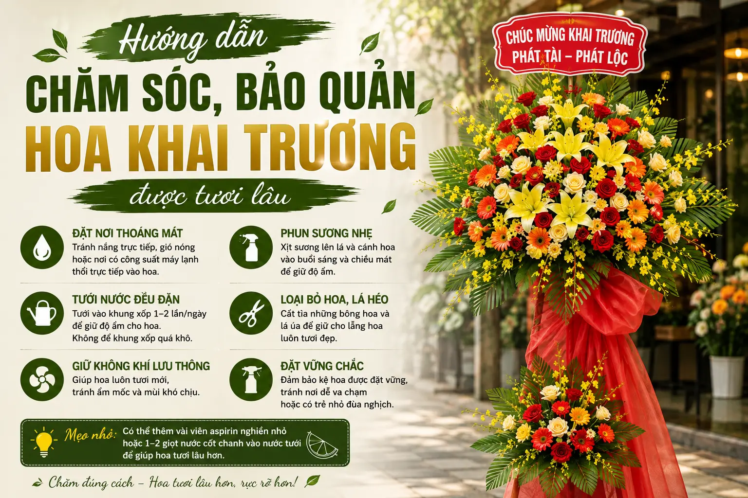 Hướng dẫn chăm sóc, bảo quản hoa khai trương được tươi lâu